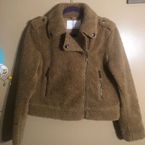 Women Zara camel faux fur biker jacket Size L